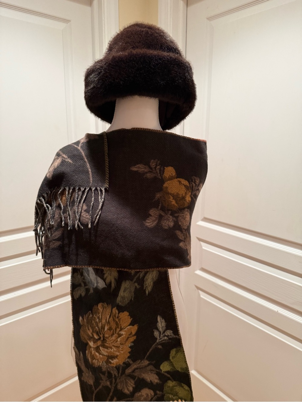 Coshmink Brown Floral Fringe Scarf with H&M Matching Brown Faux Fur Bucket Hat